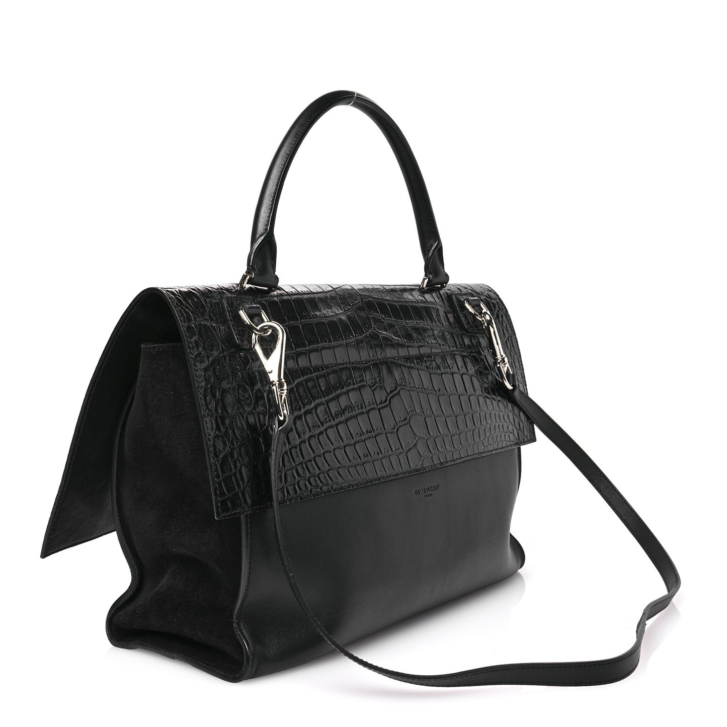 Calfskin Crocodile Embossed Medium Shark Lock Satchel Black