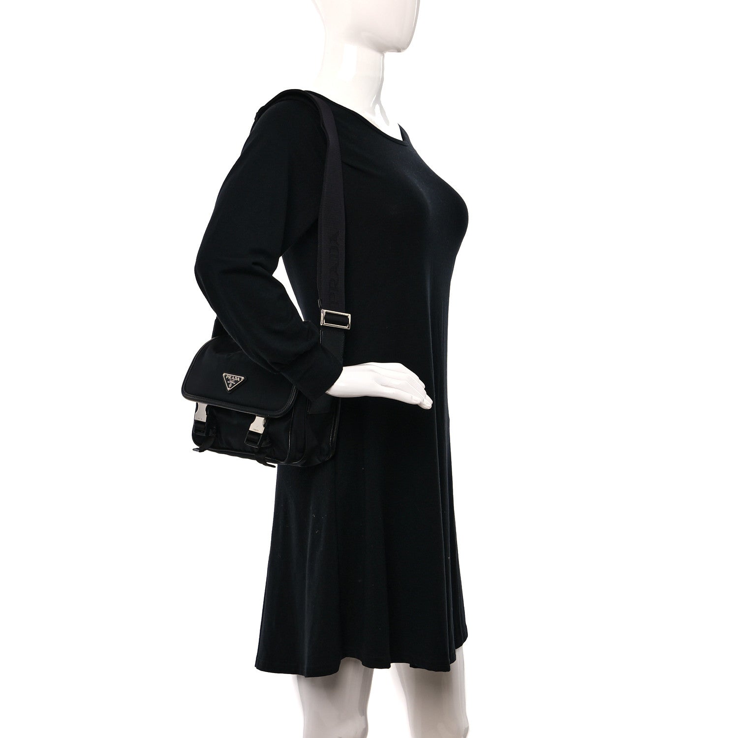 Prada Re-Nylon Saffiano Pocket Double Snap Buckle Shoulder Bag Black 2 of 10