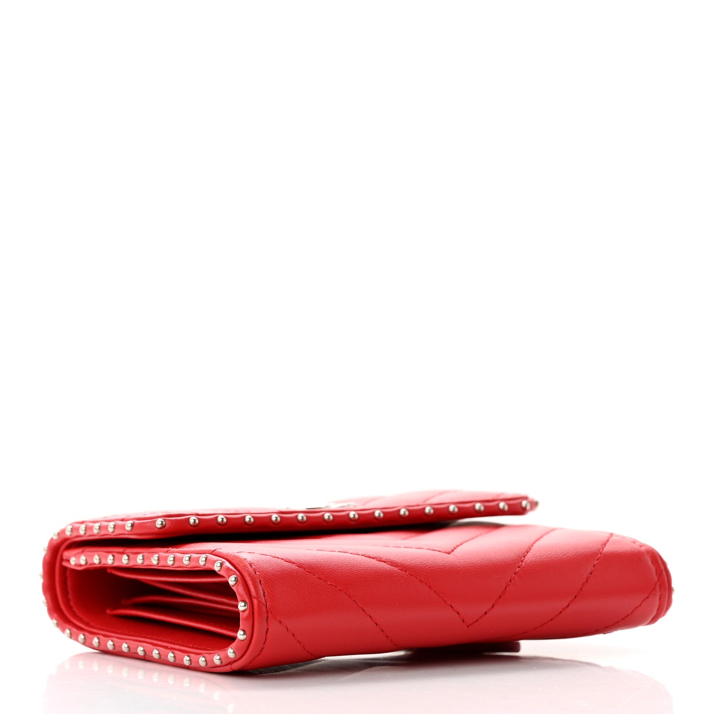 Lambskin Chevron Quilted Studded Compact Flap Wallet Red