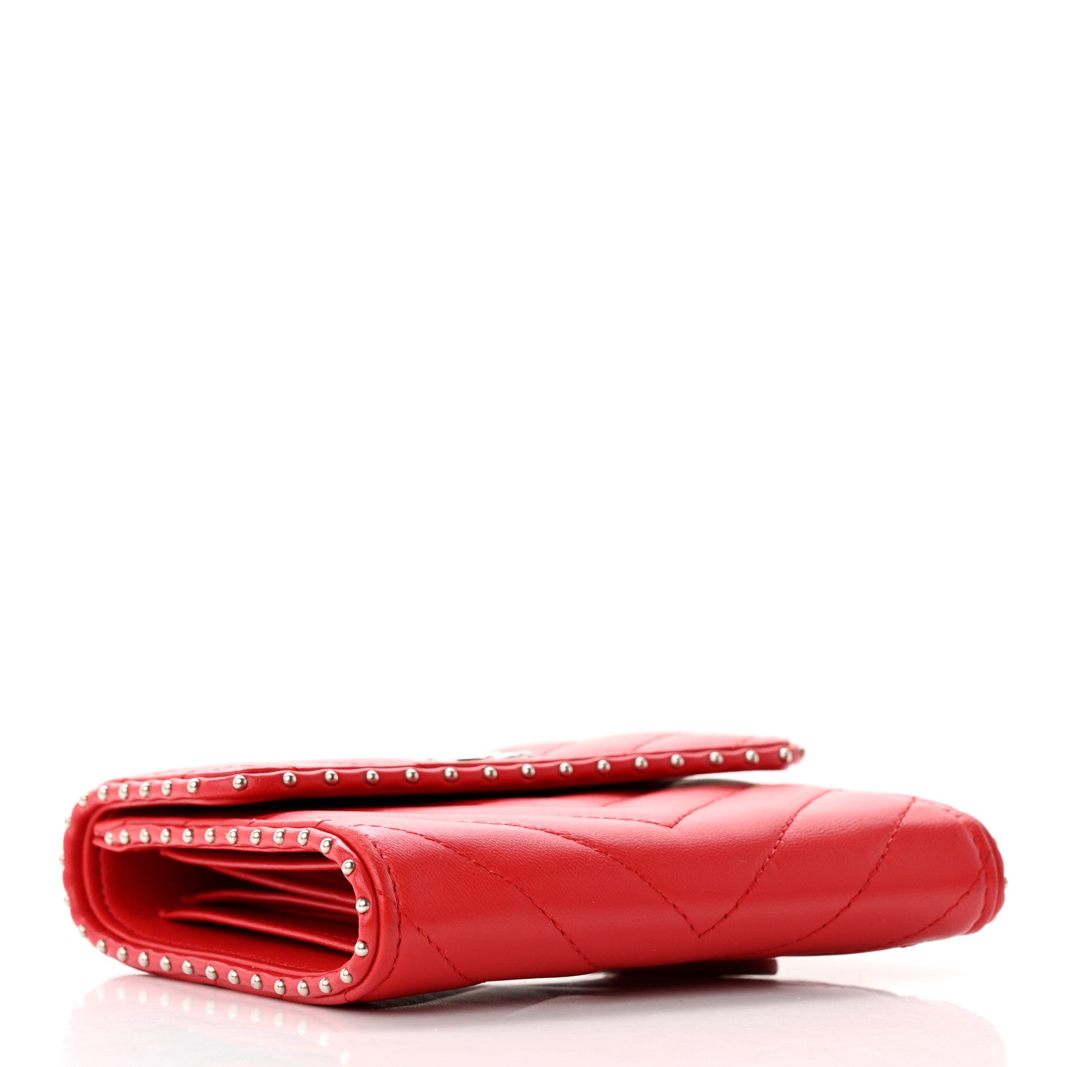 Chanel Lambskin Chevron Quilted Studded Compact Flap Wallet Red 5 of 14