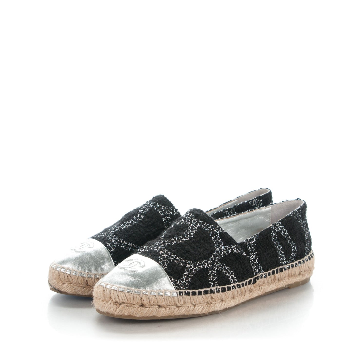 Tweed Lambskin CC Espadrilles 40 Black Silver