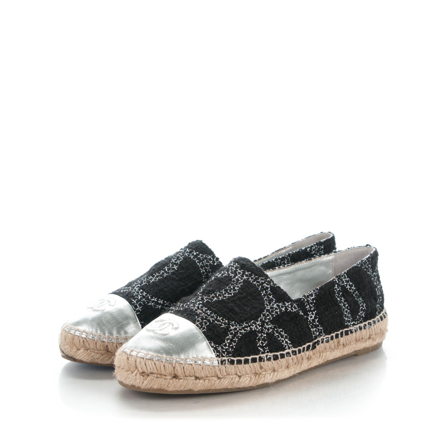 Chanel Tweed Lambskin CC Espadrilles 40 Black Silver 3 of 8