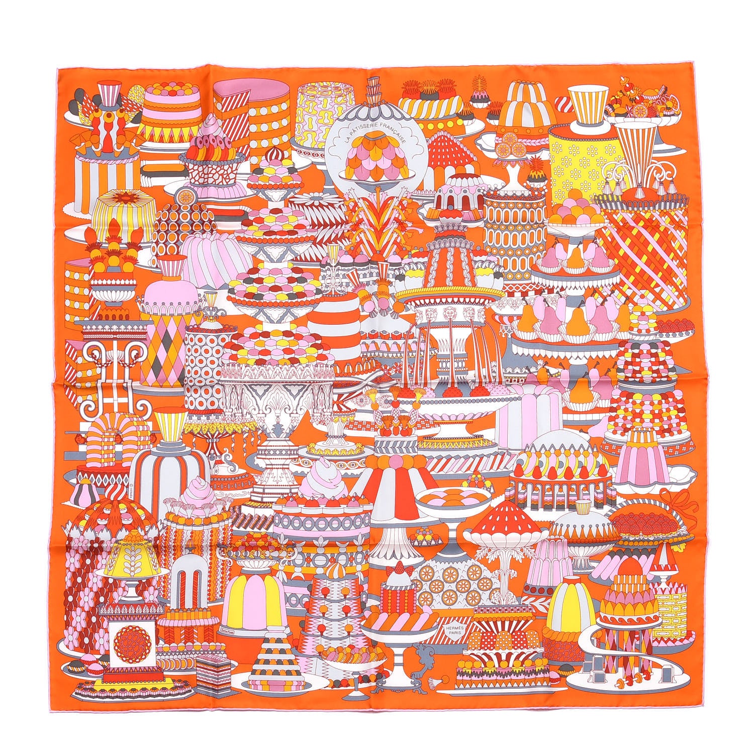 Hermes Silk La Patisserie Francaise Scarf 90 Orange Rose Gris 1 of 4