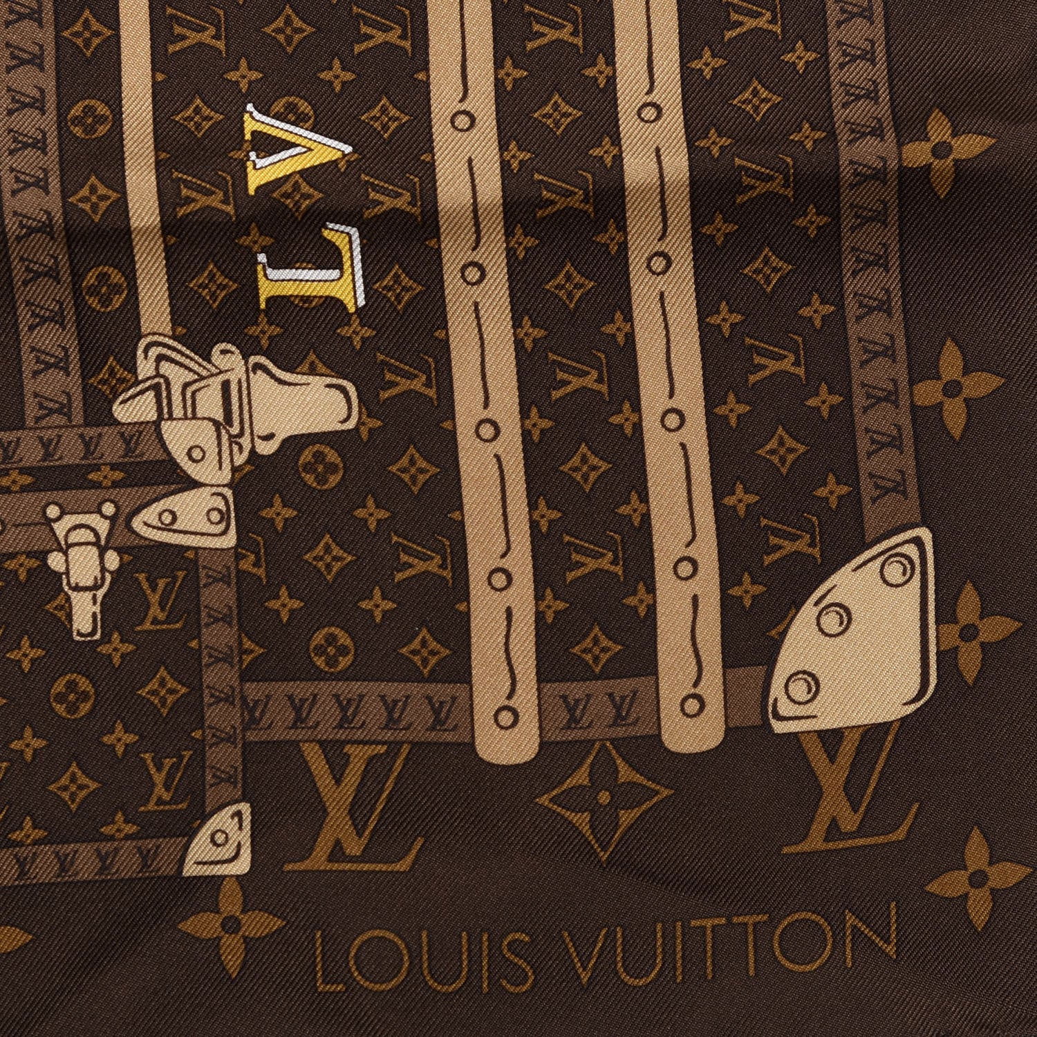 Louis Vuitton Silk Monogram Trunks Square Scarf Marroon 3 of 3