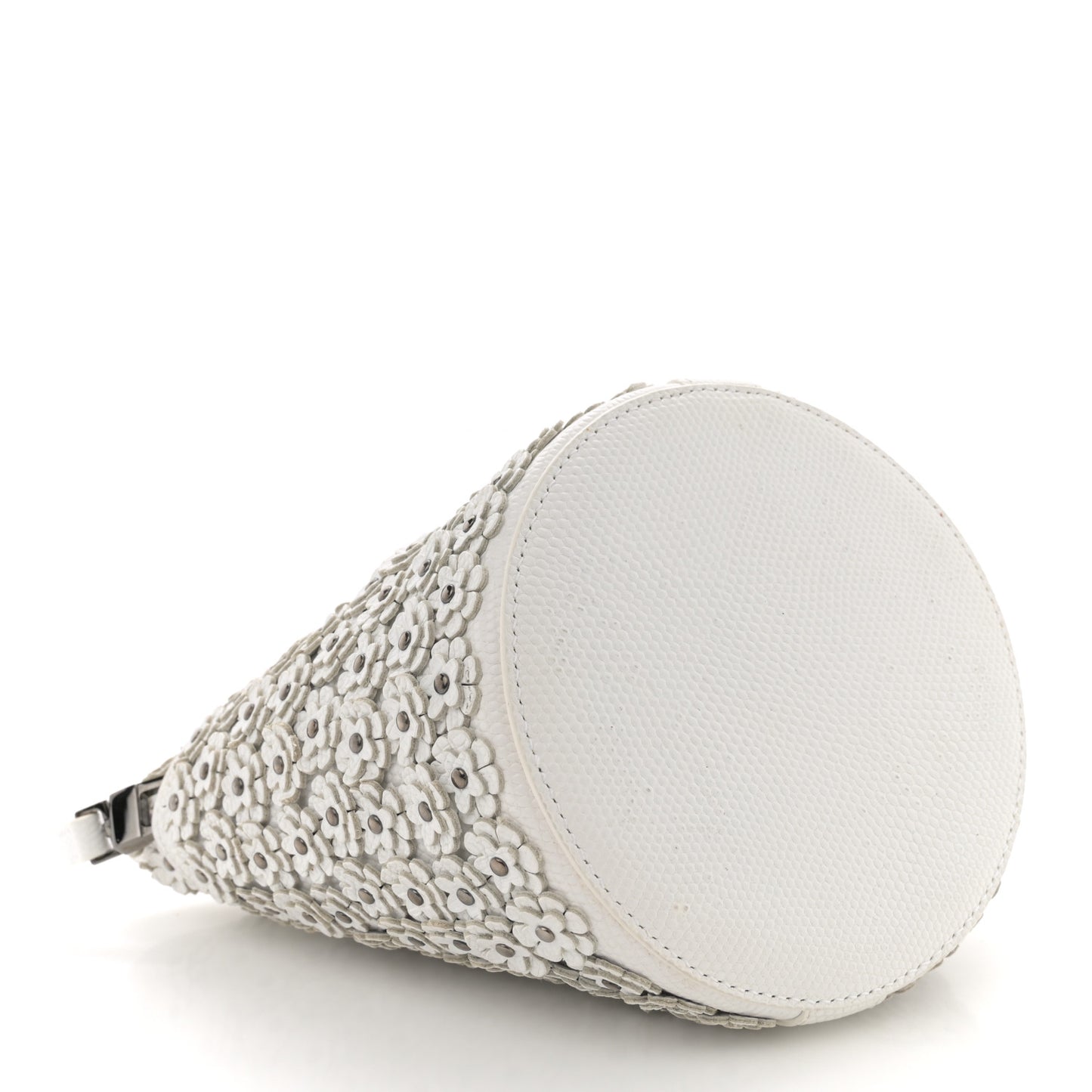 Lizard Embossed Calfskin Flower Applique Bucket Bag White