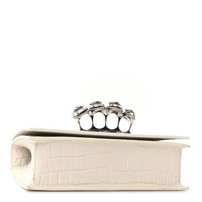 Alexander McQueen Shiny Calfskin Crocodile Embossed Knuckle Jeweled Crossbody White 4 of 9