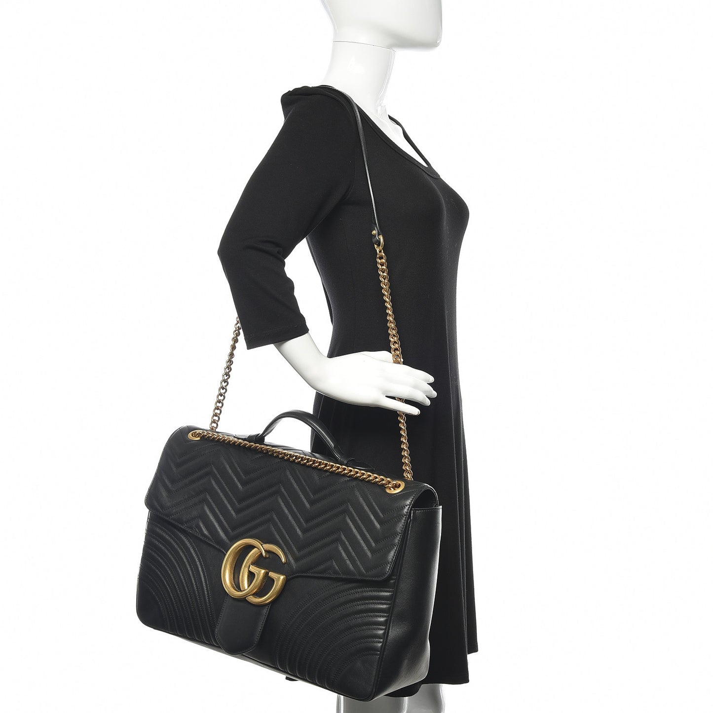 Calfskin Matelasse Maxi GG Marmont Top Handle Shoulder Bag Black