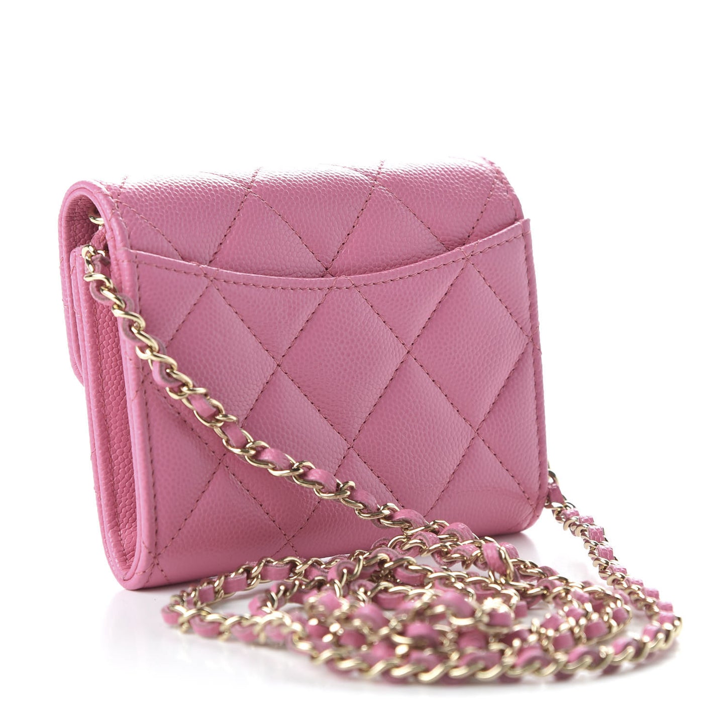 Caviar Quilted Flap Card Holder On Chain Pink
