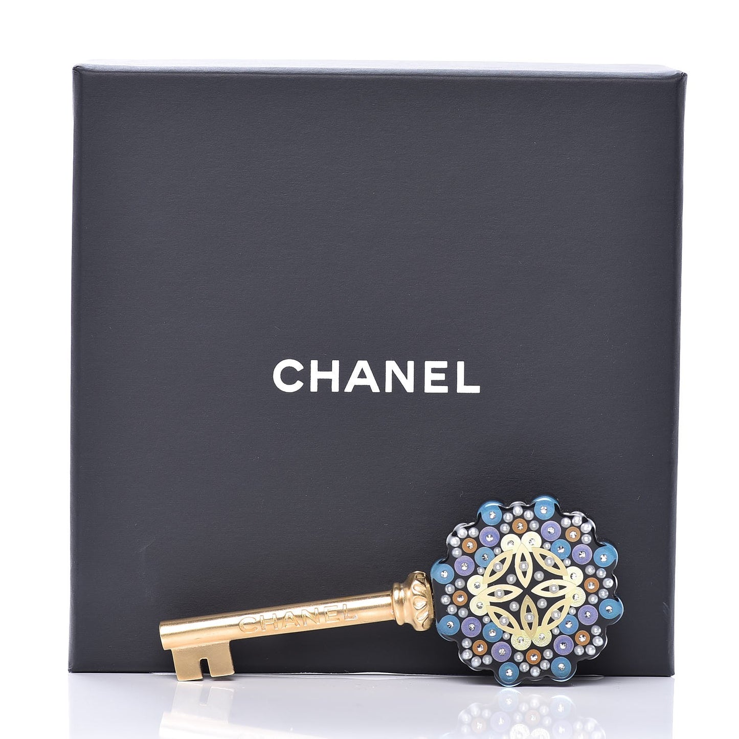 Crystal Pearl Enamel Key Brooch Multicolor