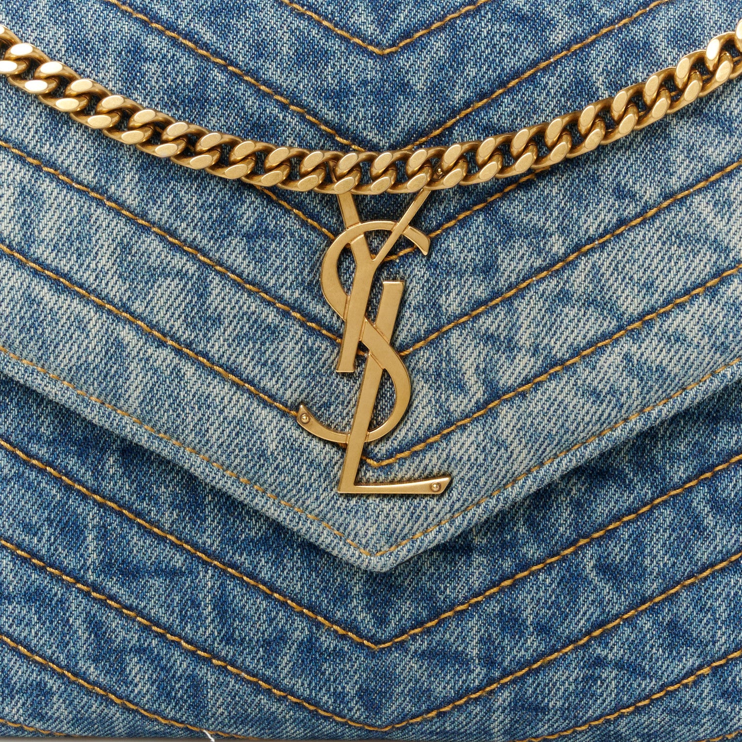 Saint Laurent Denim Matelasse Chevron Monogram Chain Wallet Blue Jeans 7 of 9