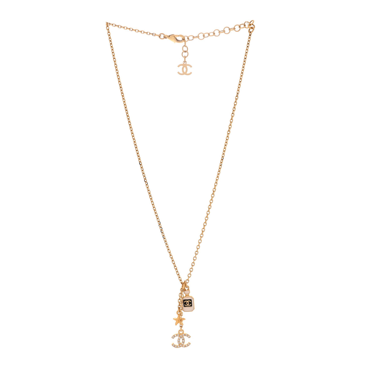 Metal Crystal CC Perfume Bottle Necklace Gold White