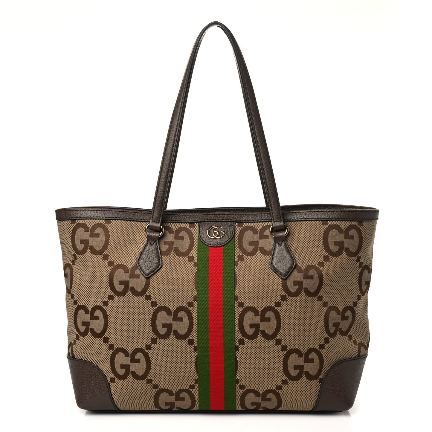 Monogram Jumbo GG Textured Dollar Calfskin Web Medium Ophidia Shopping Tote Camel Ebony