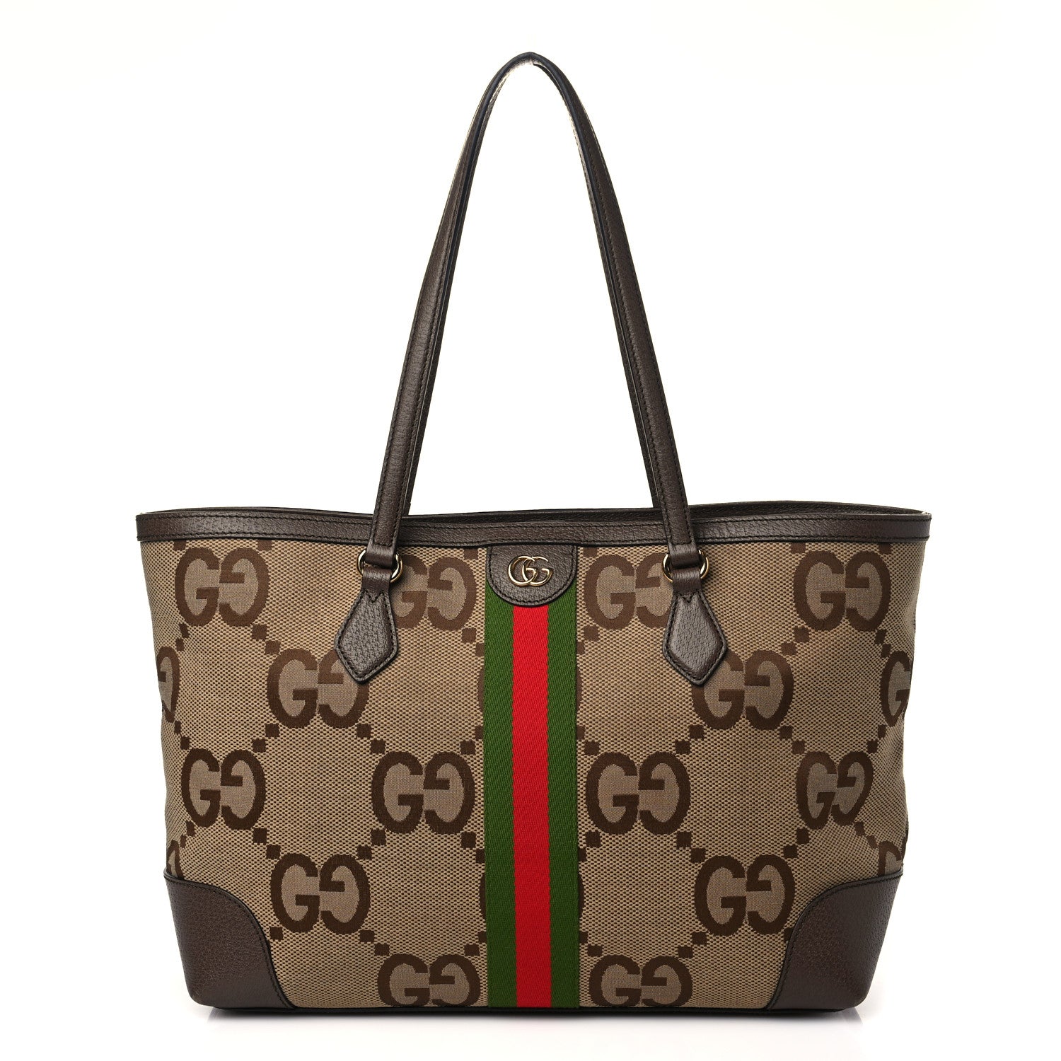 Gucci Monogram Jumbo GG Textured Dollar Calfskin Web Medium Ophidia Shopping Tote Camel Ebony 1 of 9