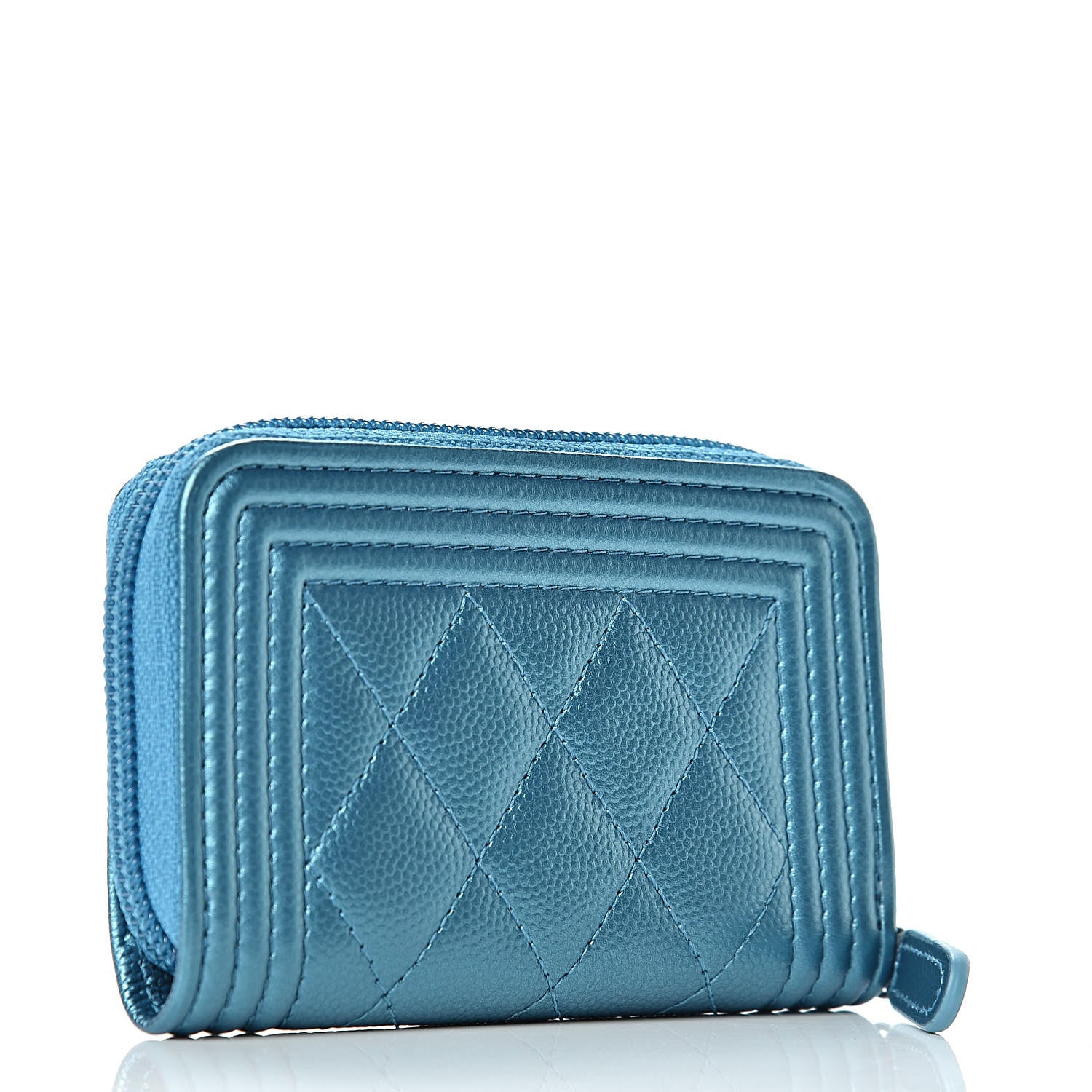 Chanel Metallic Caviar Quilted Boy Zip Around Coin Purse Wallet Turquoise 3 of 7
