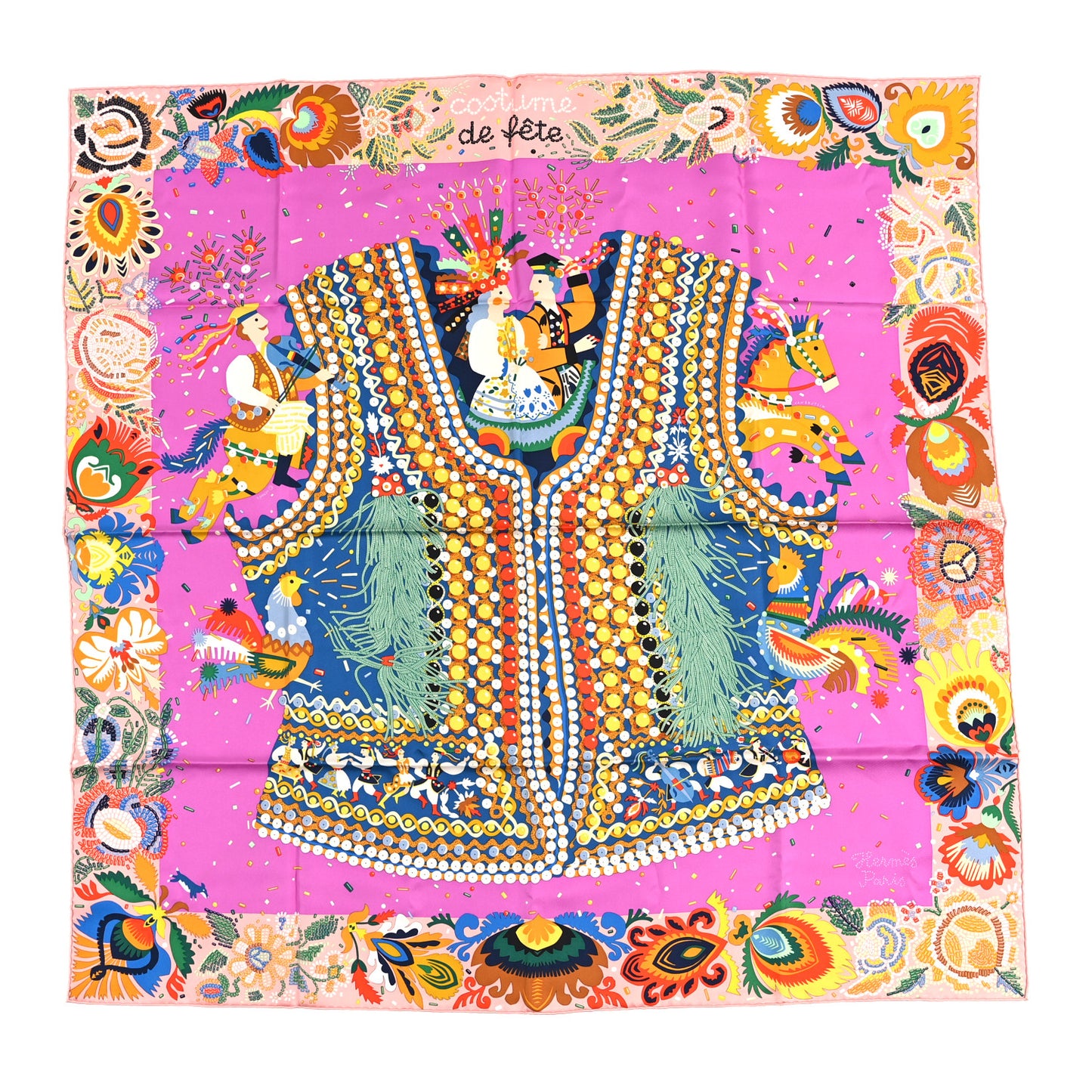 Silk Costume de Fete Scarf 90 Rose Poudre Cyclamen Jaune