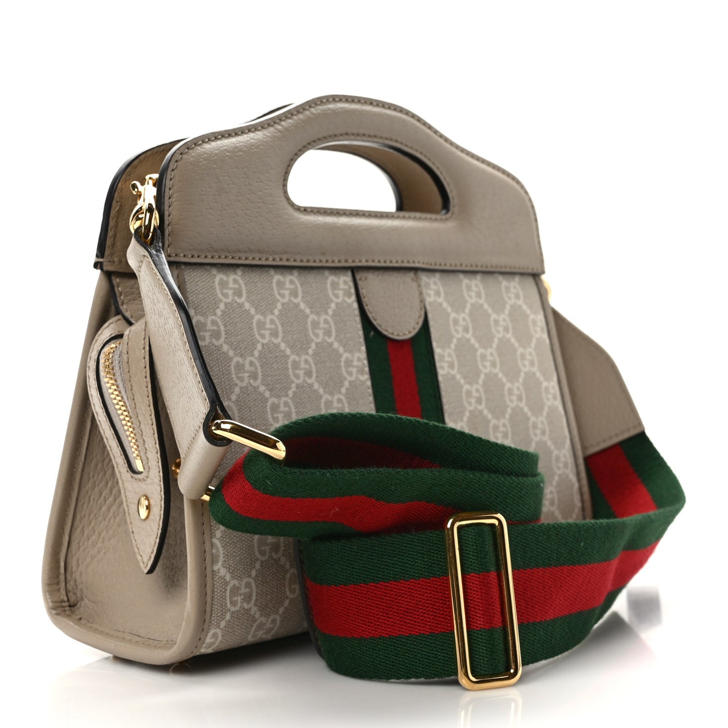 GG Supreme Monogram Textured Dollar Calfskin Web Small Ophidia Slip Handle Tote Beige Mystic White Oatmeal