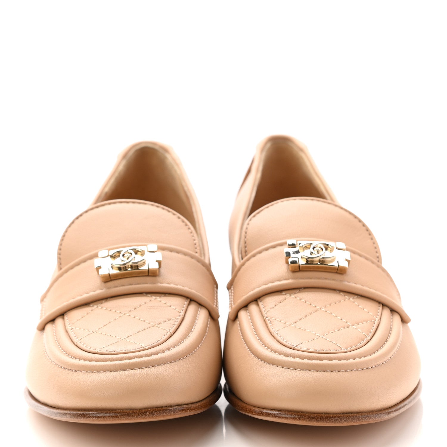 Chanel Lambskin Quilted Womens CC Loafers 38.5 Beige 2 of 8