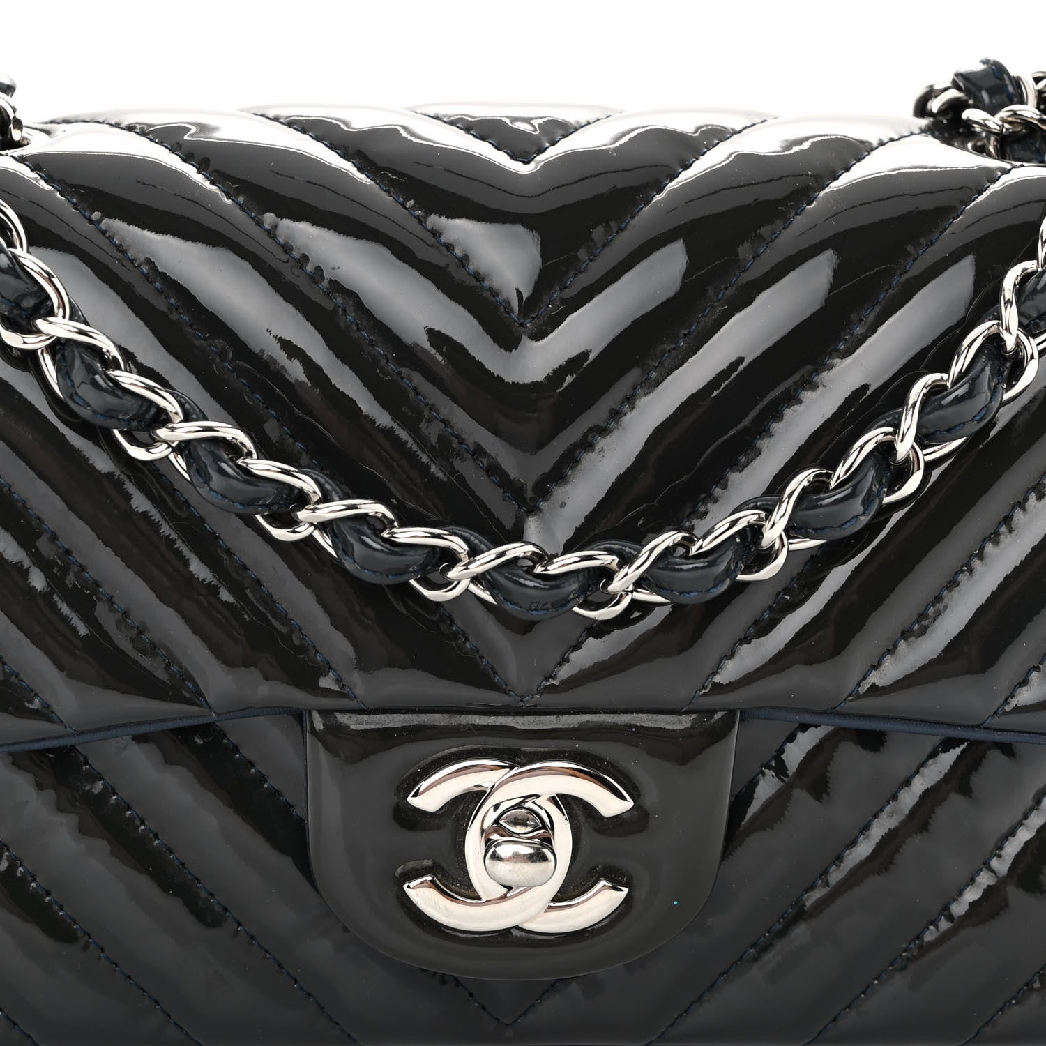 Chanel Patent Calfskin Chevron Quilted Mini Rectangular Flap Navy Blue 9 of 12