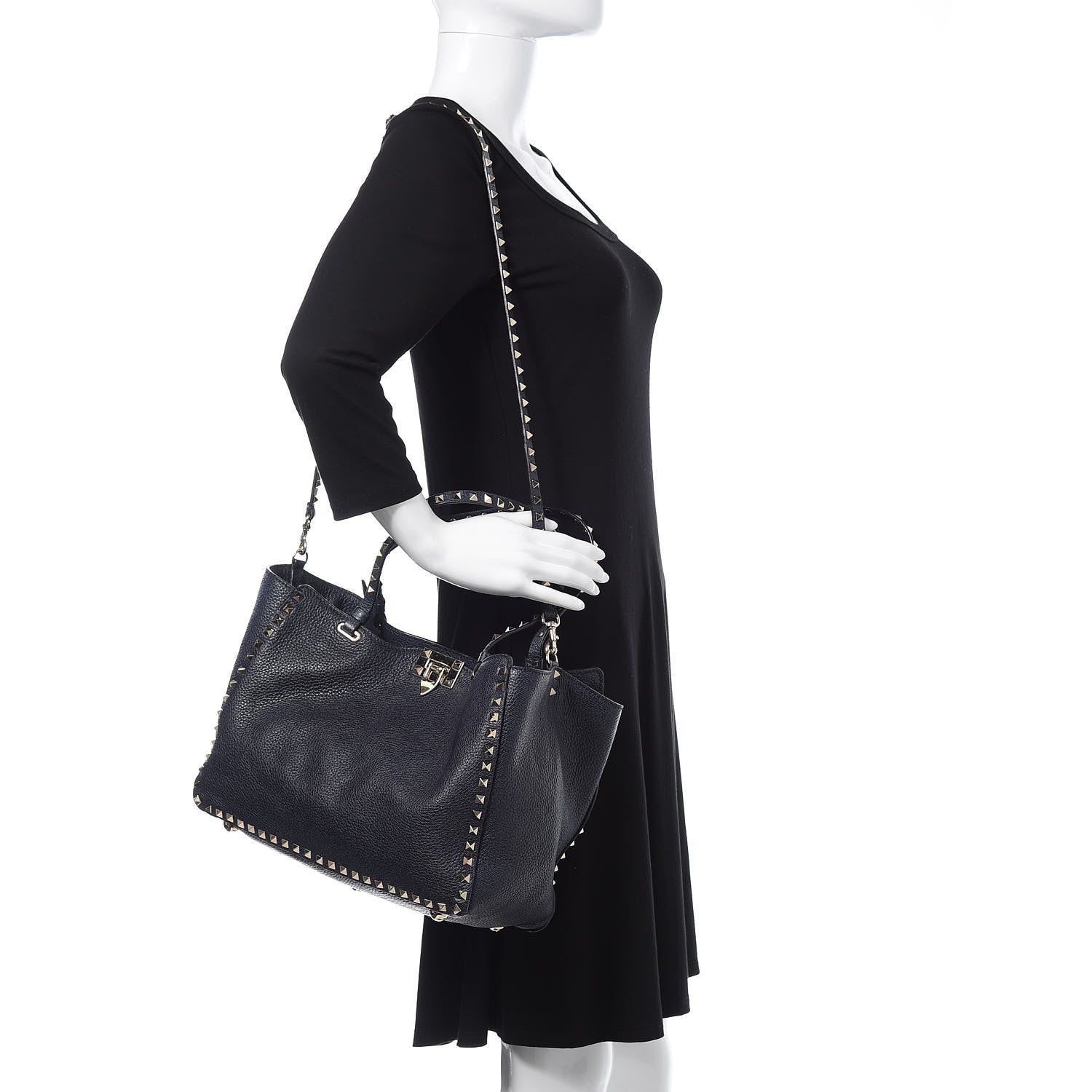 Valentino Garavani Pebbled Calfskin Medium Rockstud Tote Deep Denim 2 of 12