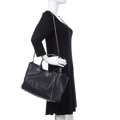 Valentino Garavani Pebbled Calfskin Medium Rockstud Tote Deep Denim 2 of 12