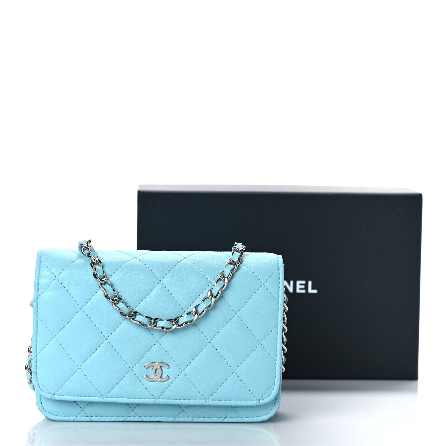 Lambskin Quilted Mini Wallet On Chain WOC Neon Blue