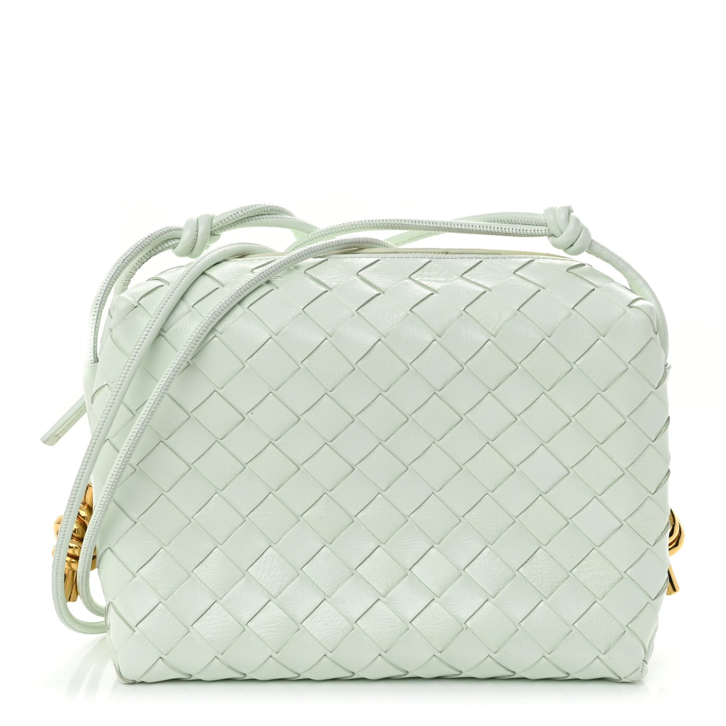 Polished Patent Intrecciato Knot Small Loop Camera Bag Glacier Muse