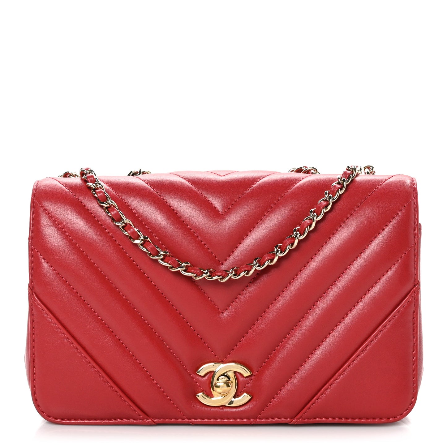 Calfskin Chevron Quilted Mini Statement Flap Red