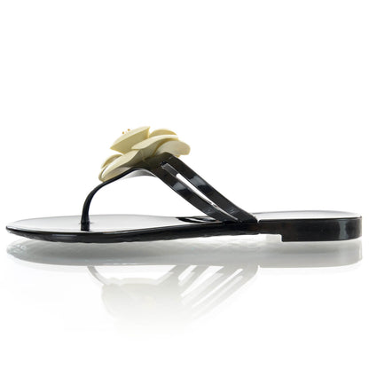 Chanel Jelly Camellia Thong Sandals 37 Black Ivory 1 of 7