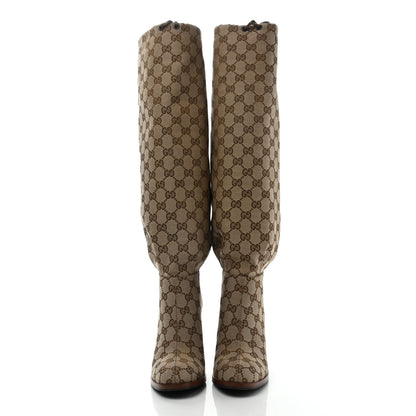 Gucci Monogram Malaga Kid Lisa Mid Heel Boots 37 Beige Ebony 2 of 8