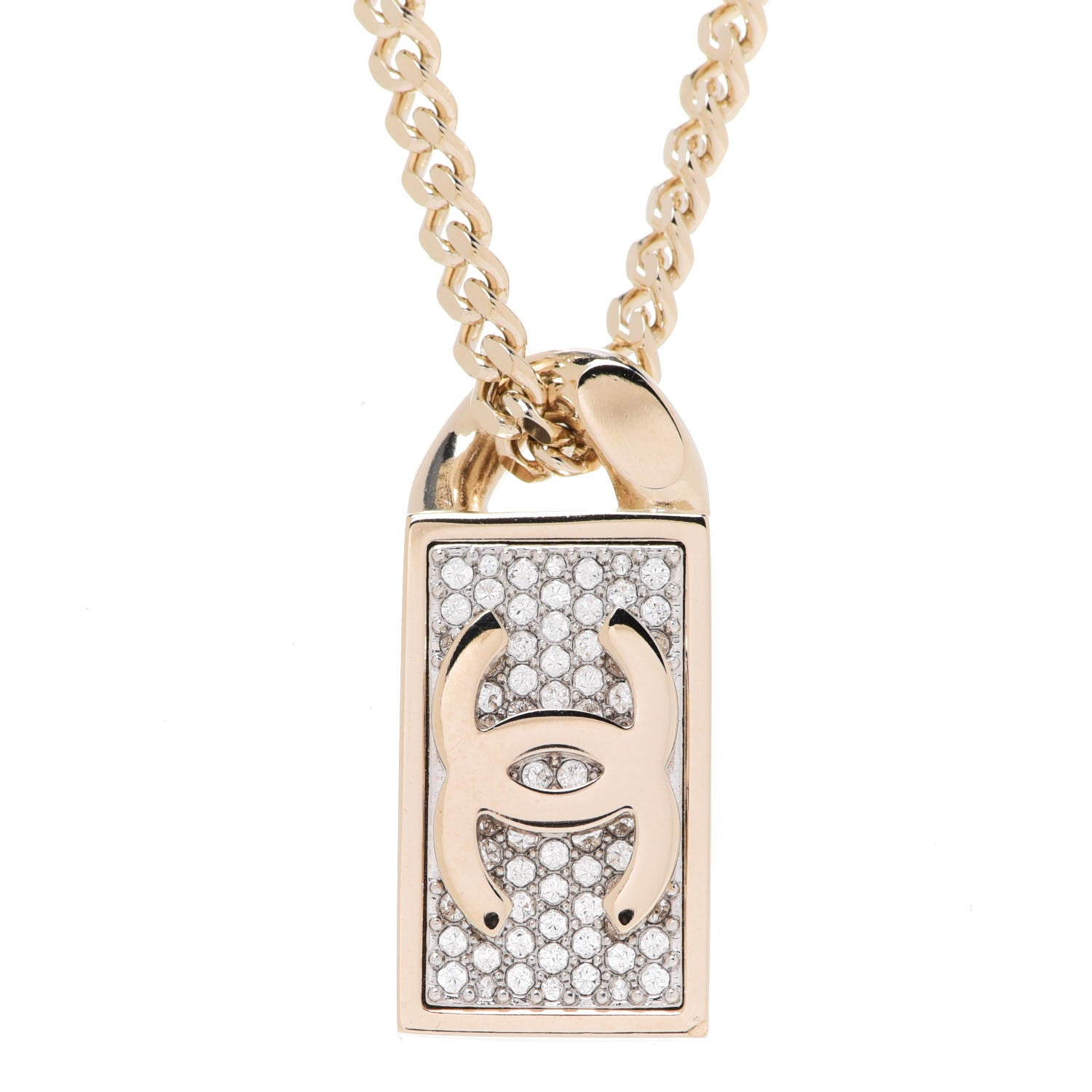 Chanel Crystal Dog Tag Charm Necklace Gold 4 of 6