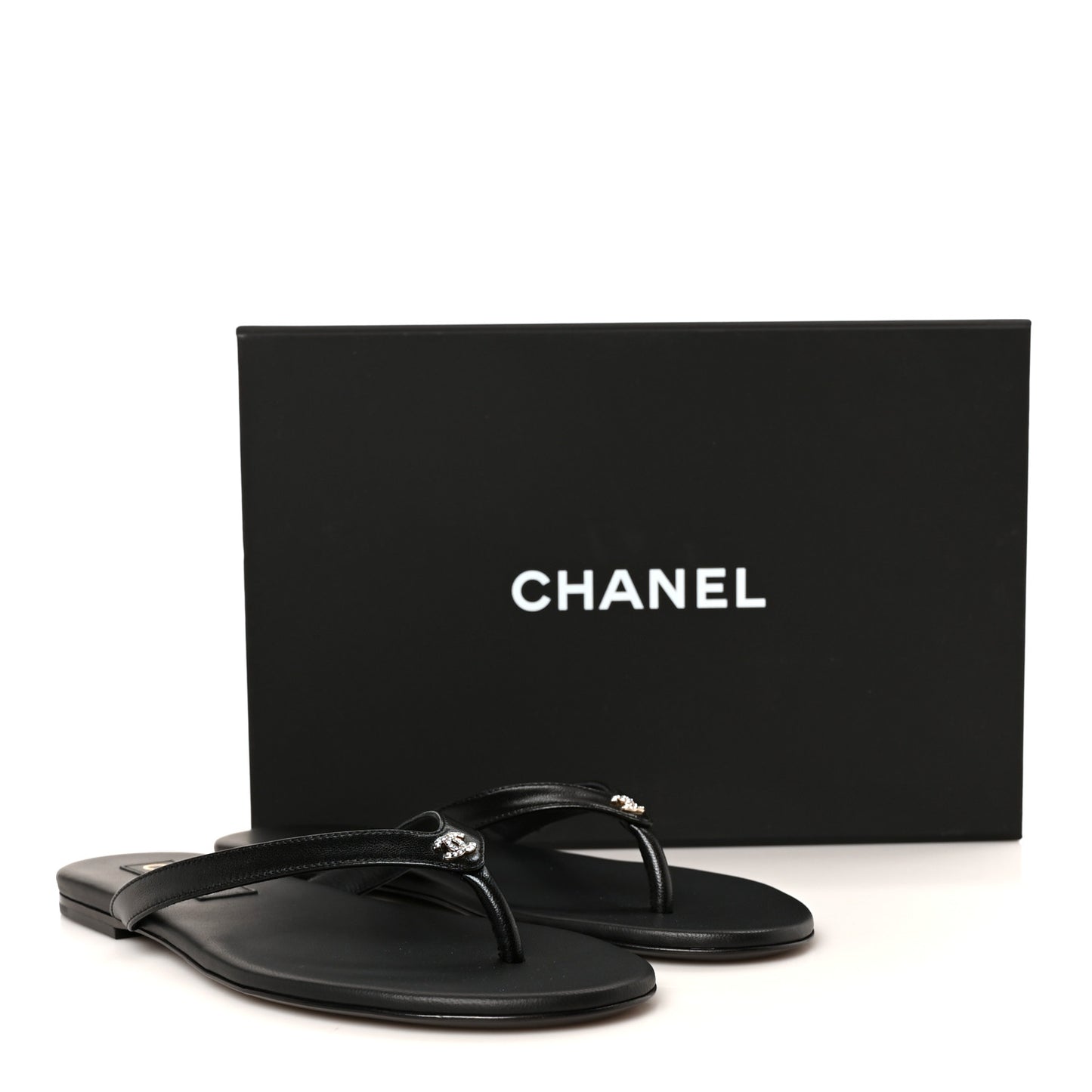 Shiny Lambskin Crystal CC Thong Sandals 38 Black