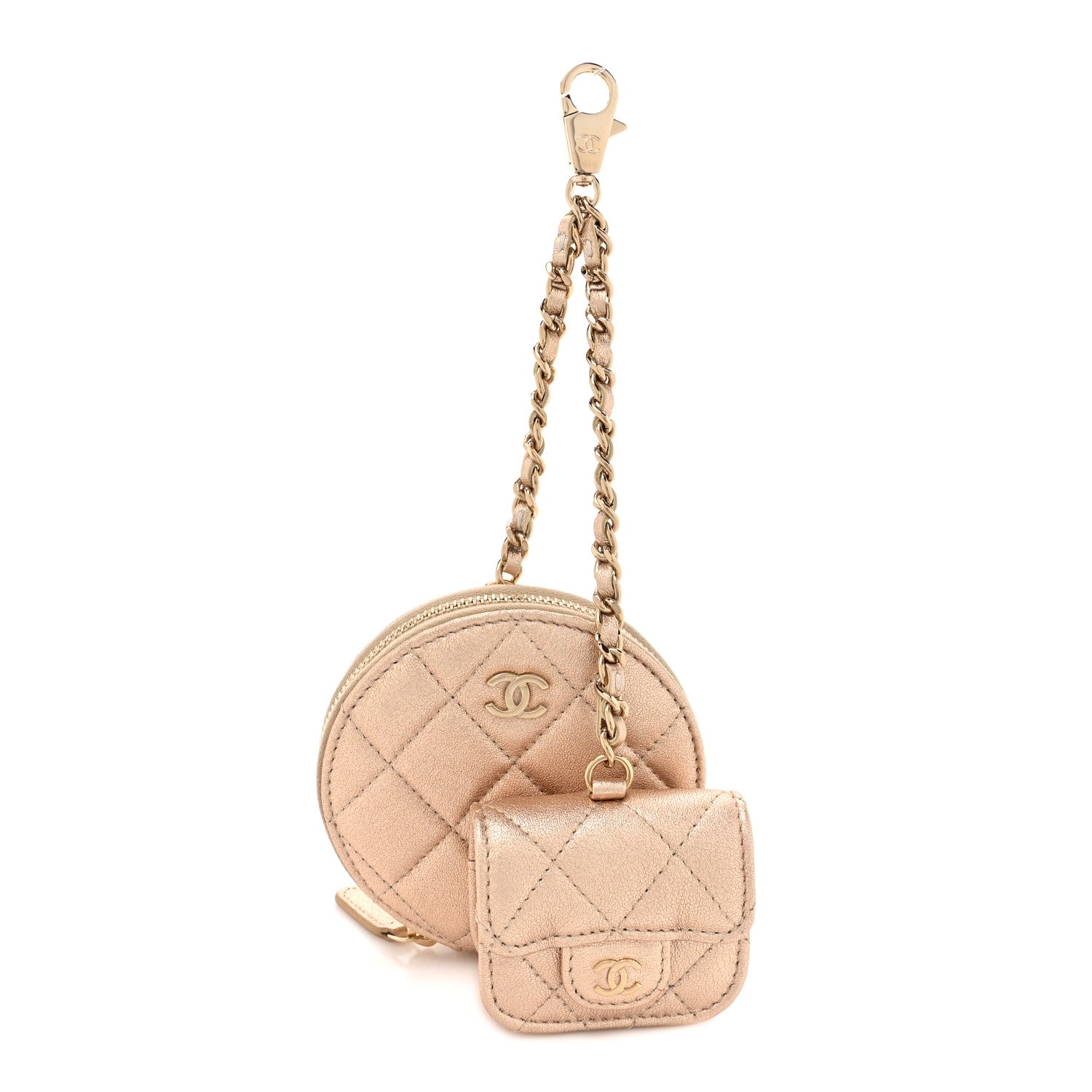 Chanel Metallic Lambskin Quilted Round Clip On Coin Purse Airpods Case Gold 1 of 10