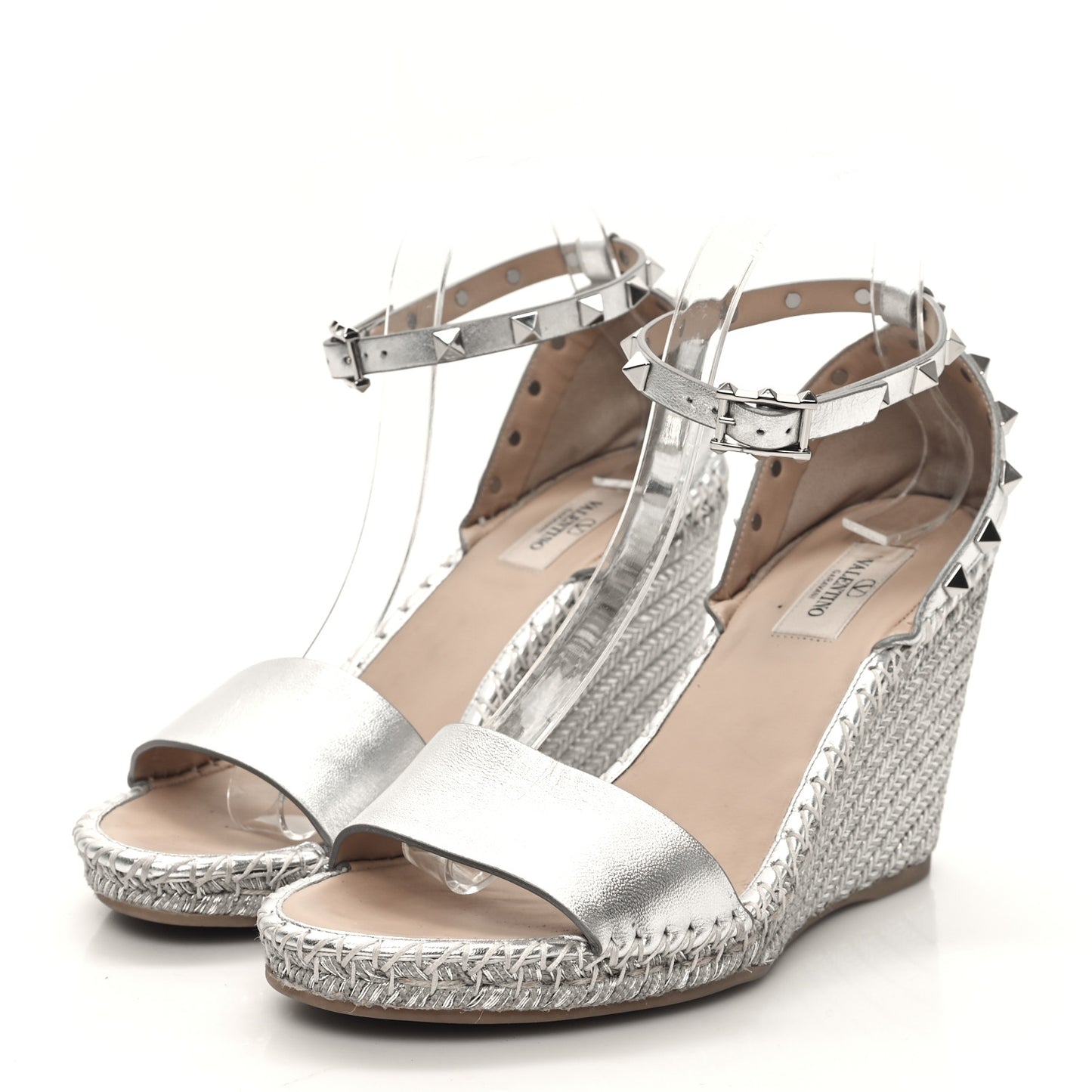Metallic Grained Calfskin Rockstud Crisscross Ankle Strap Espadrille Wedge Sandals 40 Silver