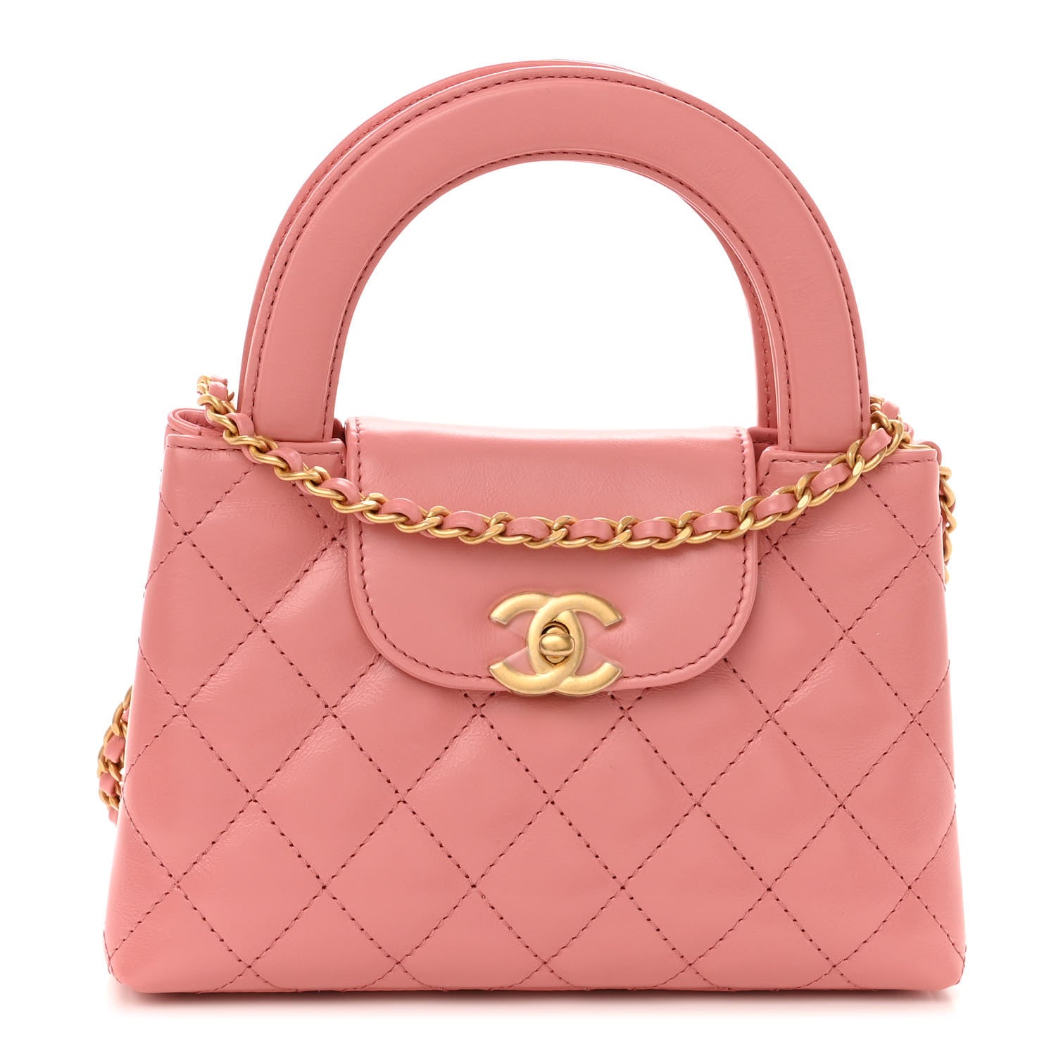 Chanel Shiny Aged Calfskin Quilted Nano Kelly Shopper Coral Pink 1 of 11
