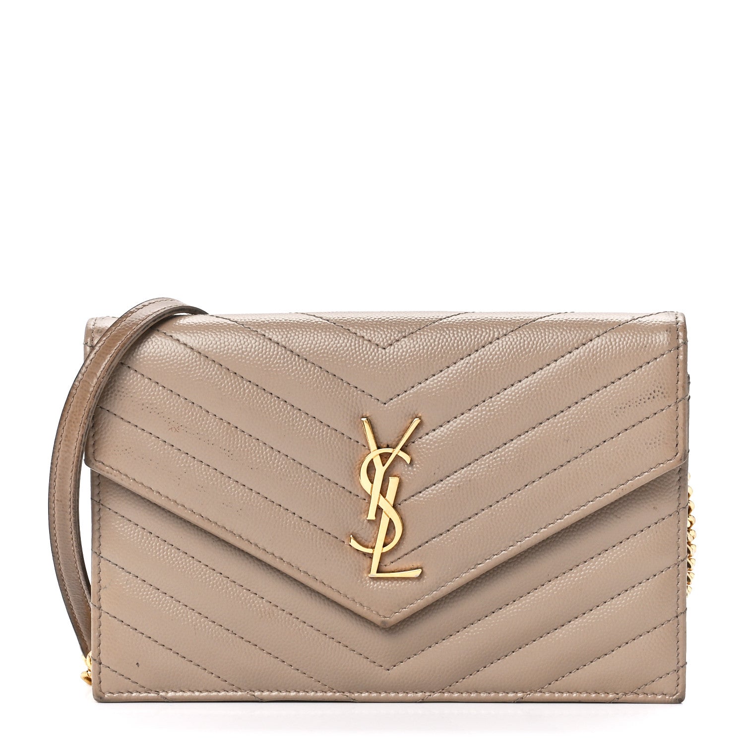 Saint Laurent Grain De Poudre Matelasse Chevron Monogram Envelope Chain Wallet Dark Beige 1 of 13