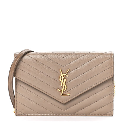 Saint Laurent Grain De Poudre Matelasse Chevron Monogram Envelope Chain Wallet Dark Beige 1 of 13