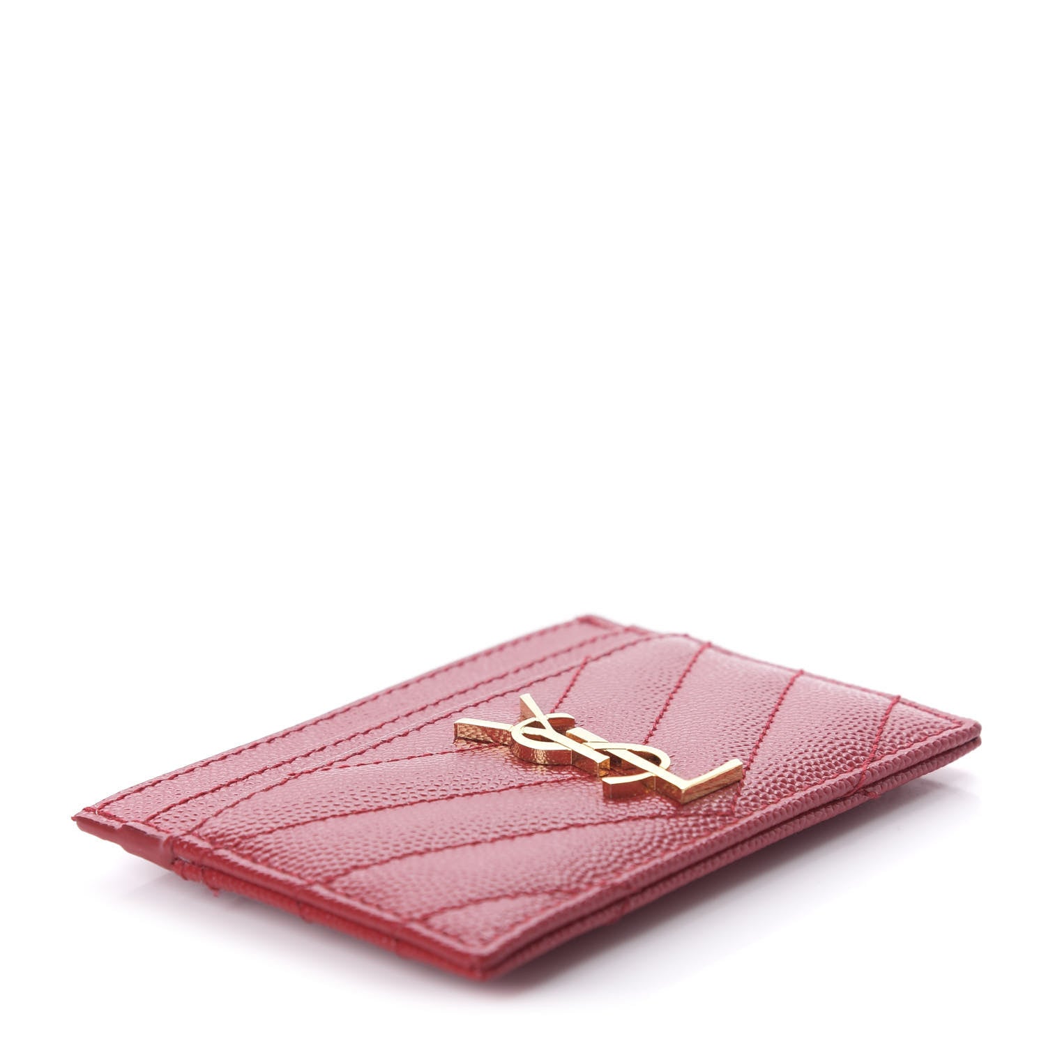 Saint Laurent Grain De Poudre Matelasse Chevron Monogram Credit Card Case Rouge Eros 4 of 7