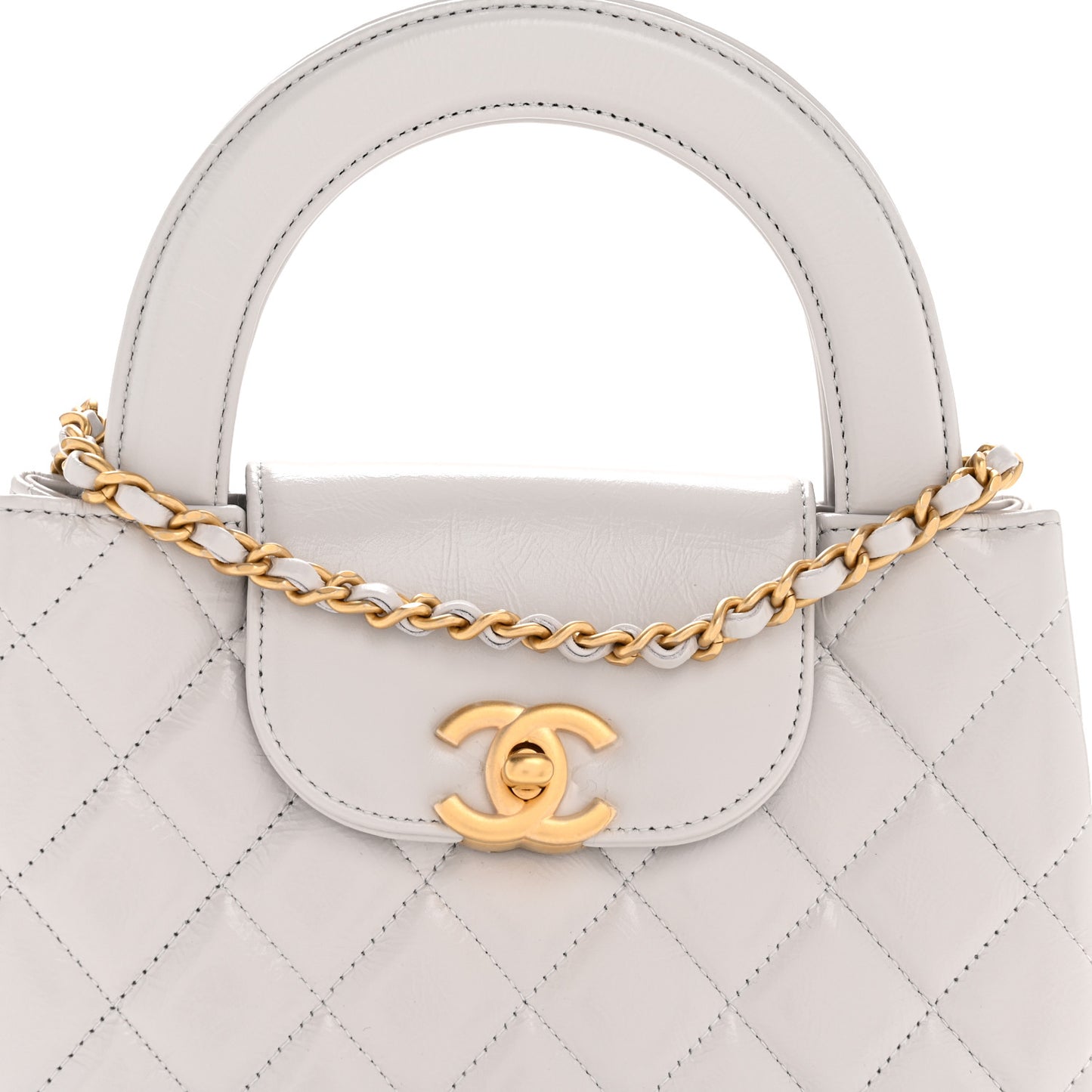 Shiny Aged Calfskin Quilted Nano Kelly Shopper Light Grey