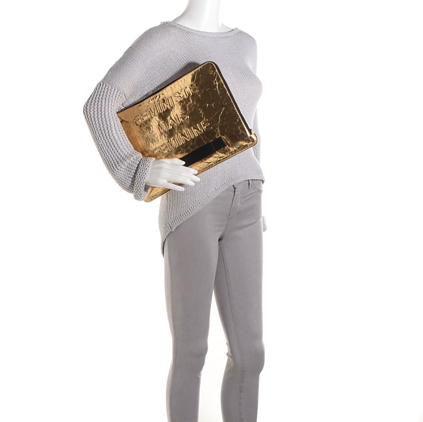 Metallic Lambskin Large Feministe Maize Feminine Pouch Clutch Gold