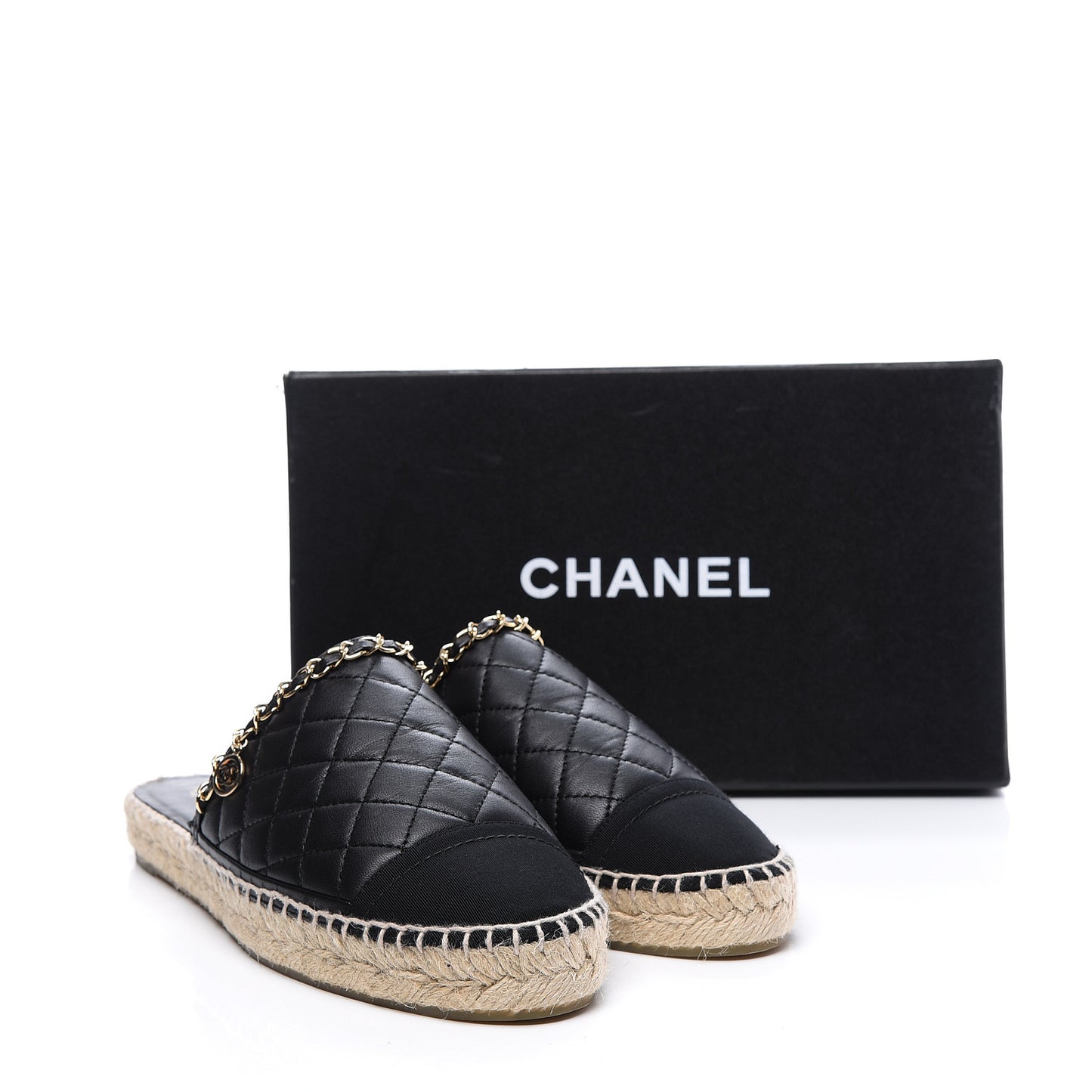 Lambskin Grosgrain Quilted CC Chain Espadrille Mules 40 Black