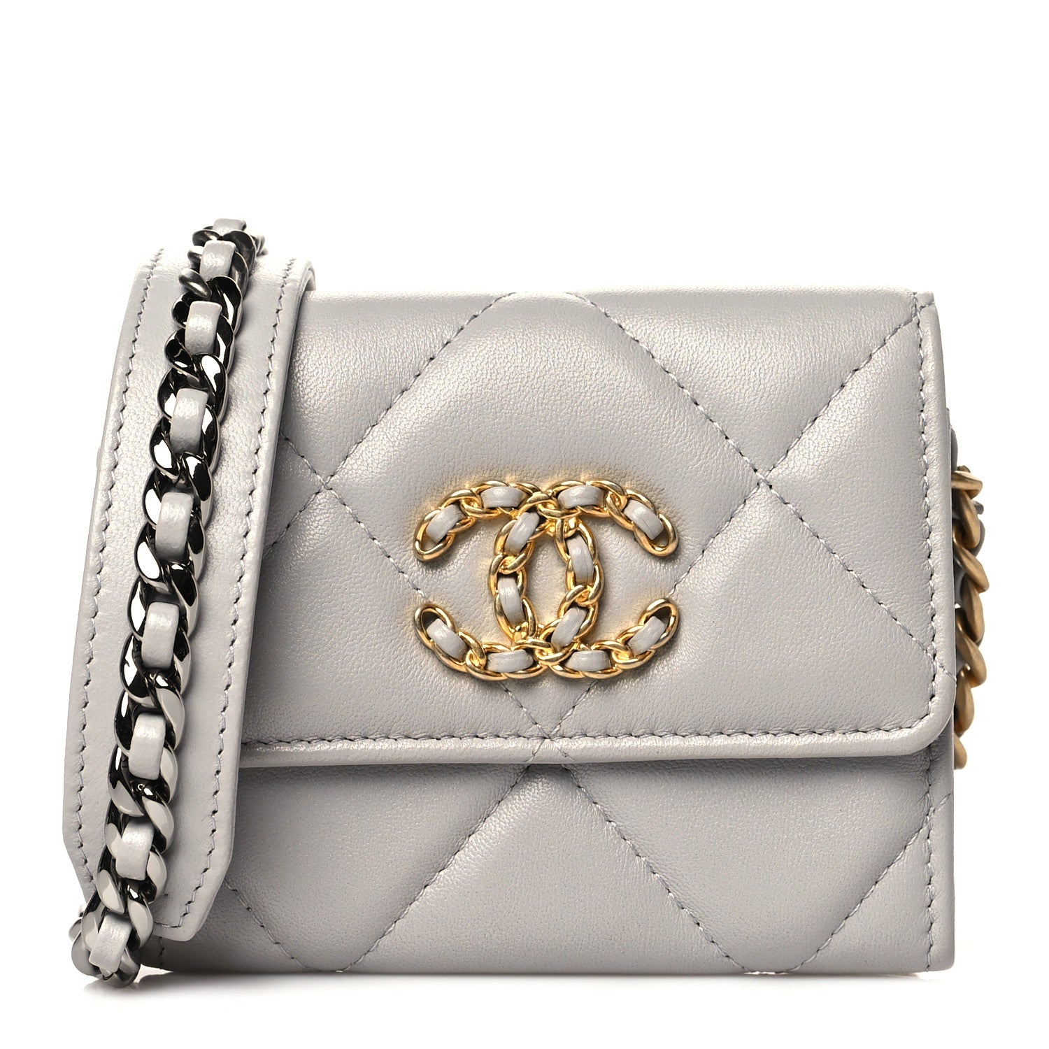 Chanel Lambskin Quilted Chanel 19 Flap Coin Purse With Chain Grey 1 of 10