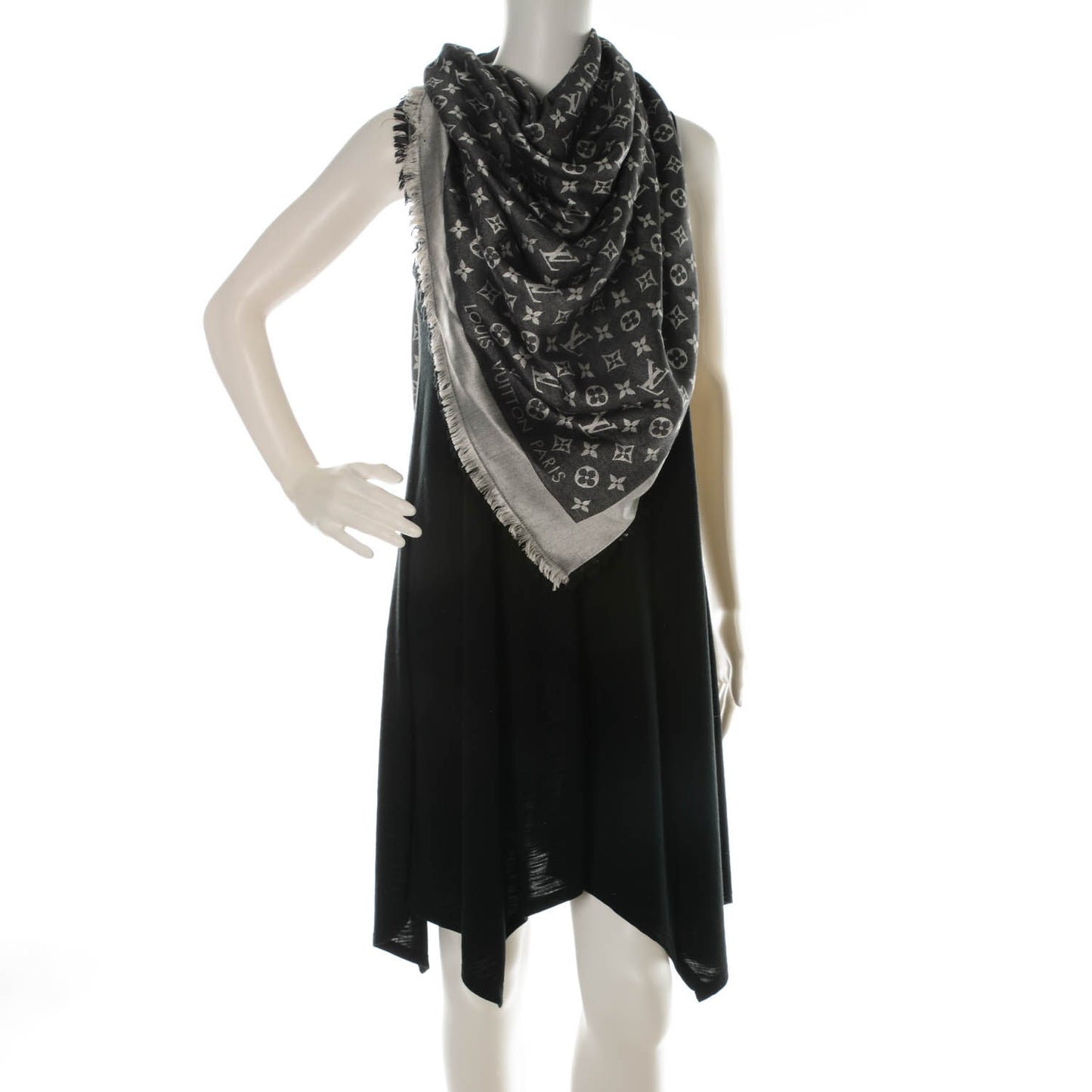 Wool Silk Monogram Denim Shawl Black