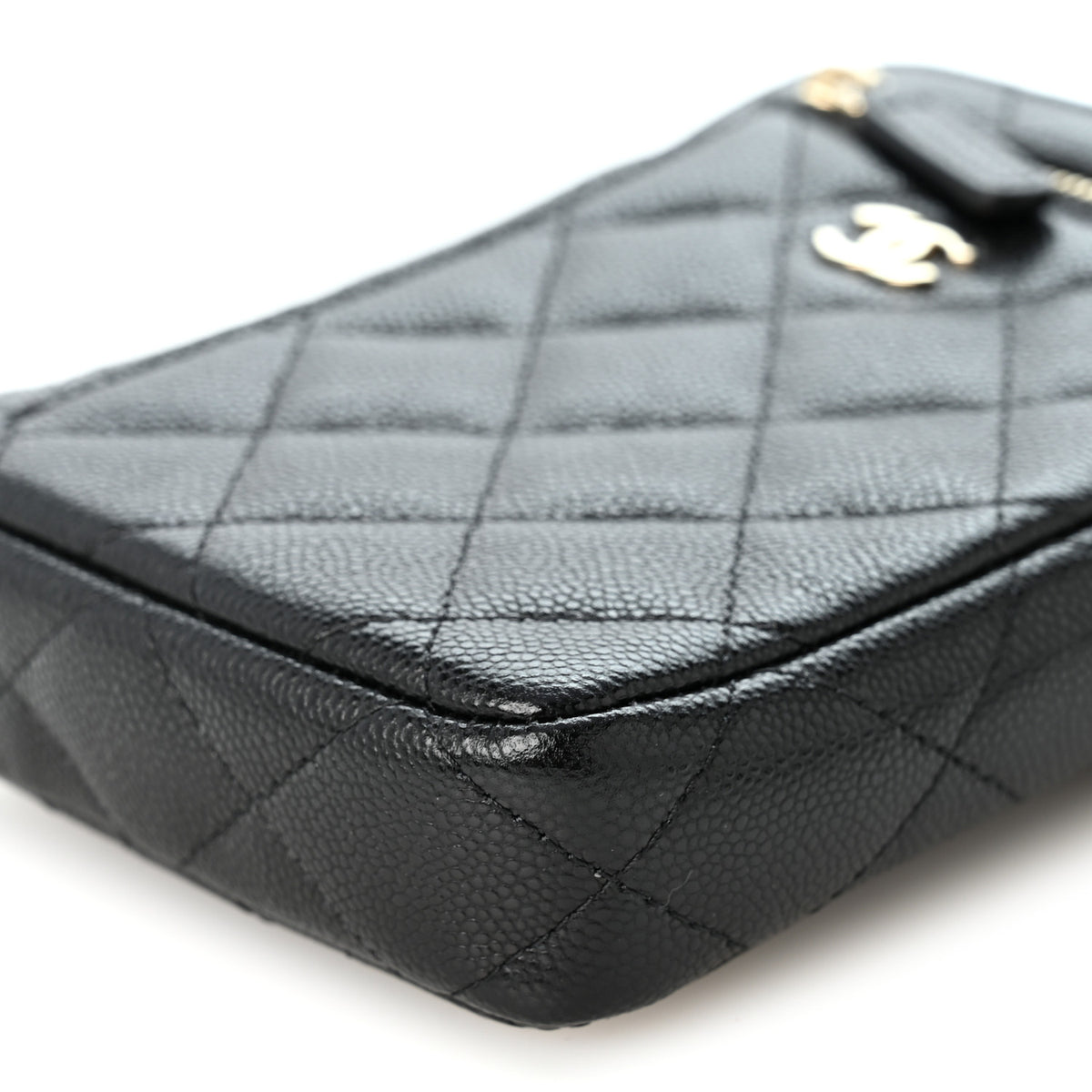 Caviar Quilted Phone Holder With Chain Black
