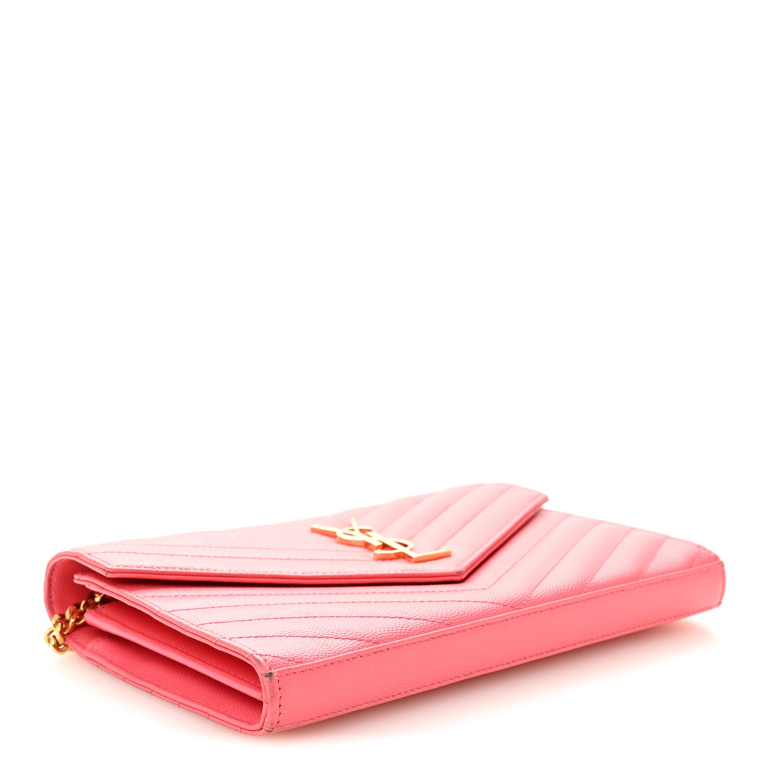 Saint Laurent Grain De Poudre Matelasse Chevron Monogram Chain Wallet Rose Clair 4 of 11