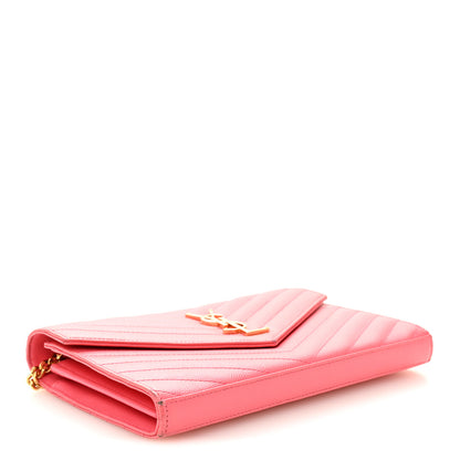 Saint Laurent Grain De Poudre Matelasse Chevron Monogram Chain Wallet Rose Clair 4 of 11
