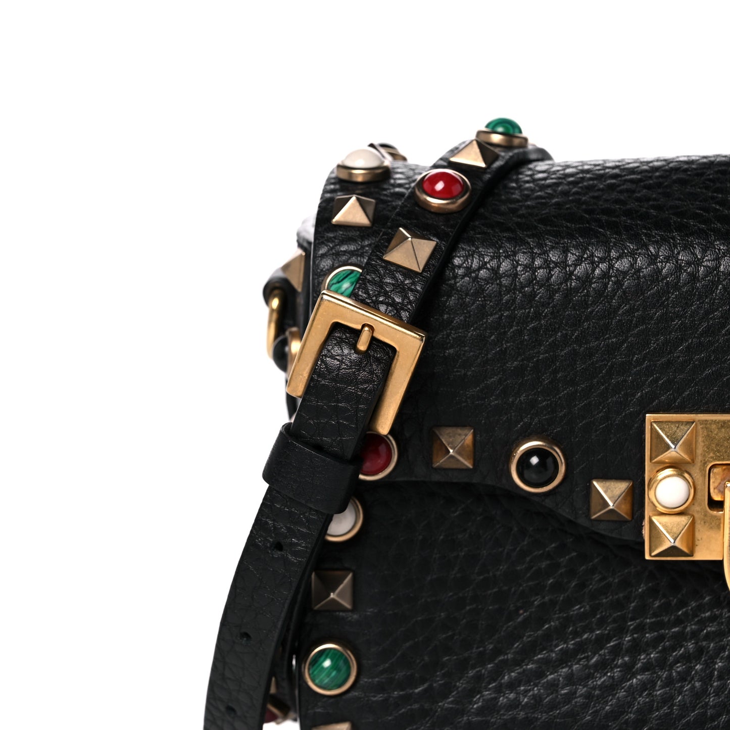 Pebbled Calfskin Rockstud Rolling Flip Lock Crossbody Bag Black