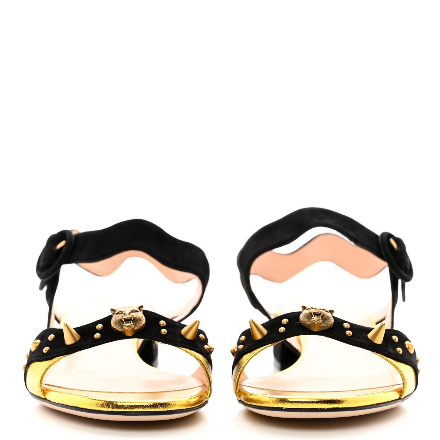 Velvet Metallic Nappa Spiked Feline Sandals 38 Black Gold