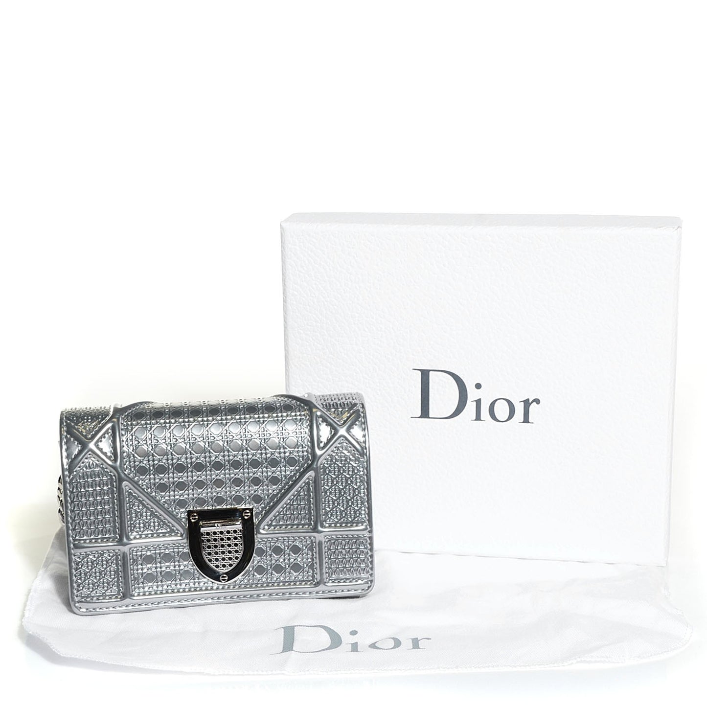 Metallic Patent Micro-Cannage Baby Diorama Flap Bag Silver