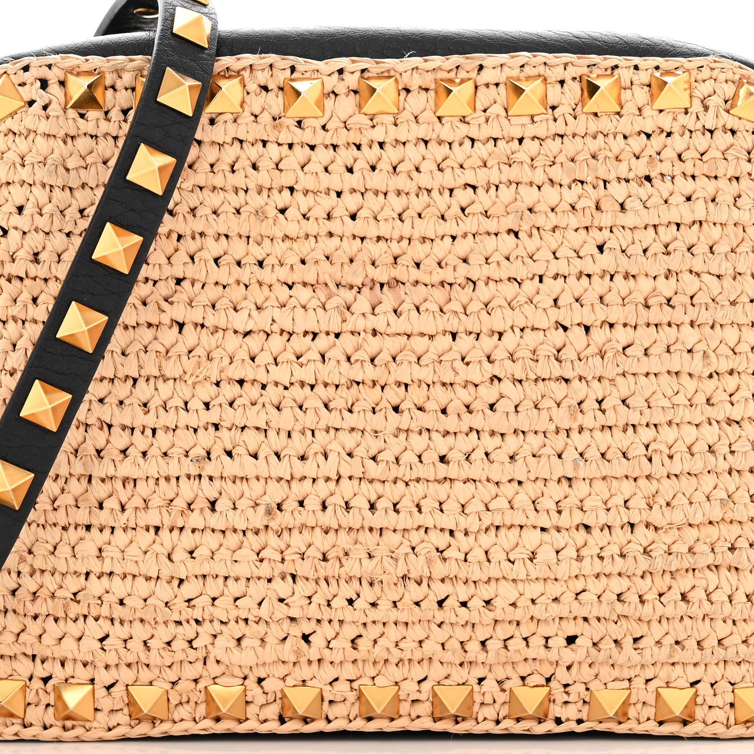 Valentino Garavani Straw Rockstud Camera Crossbody Bag Beige Black 7 of 9