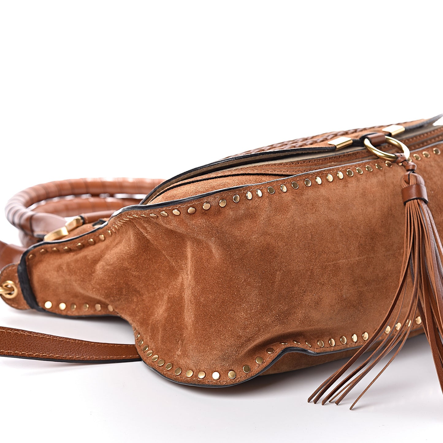 Suede Calfskin Braided Medium Marcie Satchel Caramel